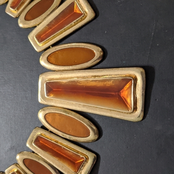 Gold Tone Brown Orange Amber Colored Enamel Geometric Statement Necklace - Picture 2 of 4